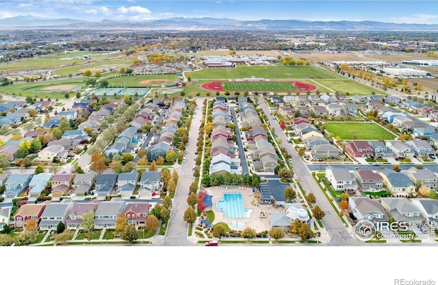 aerial view featuring a residential view and a mountain view