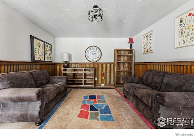 carpeted living room with a textured ceiling and wood walls