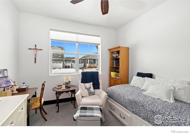 carpeted bedroom featuring ceiling fan