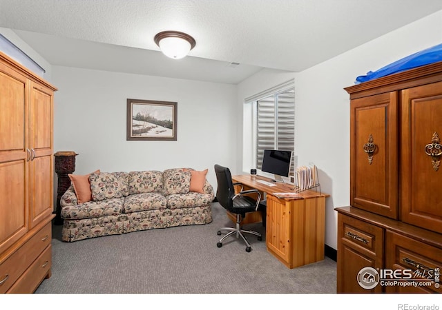 office space featuring a textured ceiling and light carpet