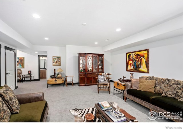 living room featuring light colored carpet