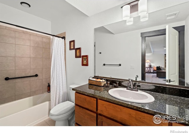 full bathroom featuring tile patterned floors, toilet, vanity, and shower / bathtub combination with curtain