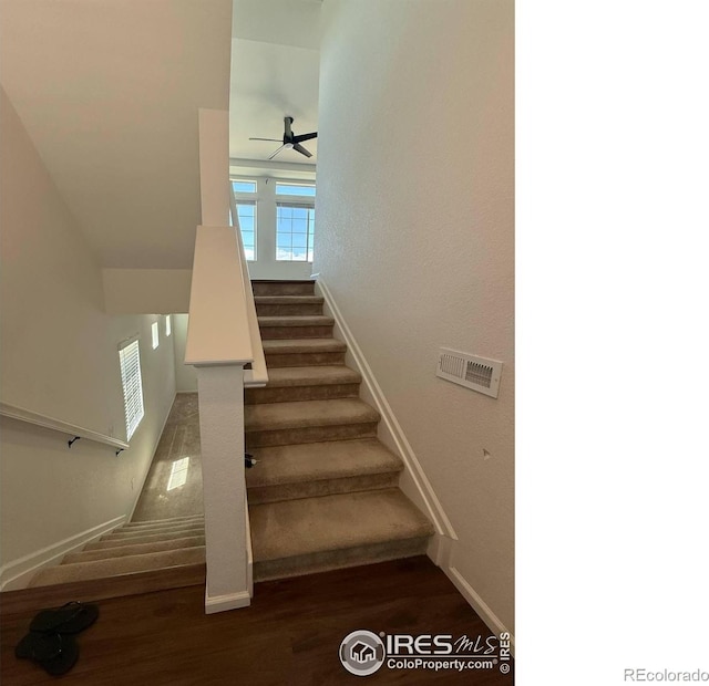 3510 Valleywood Ct, Johnstown, CO 80534 - stairway with a ceiling fan, wood finished floors, and baseboards