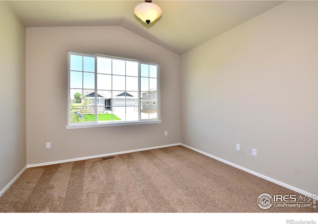 spare room with lofted ceiling and carpet flooring