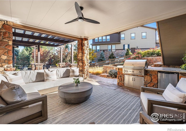 exterior space with exterior kitchen, an outdoor hangout area, a grill, a pergola, and ceiling fan