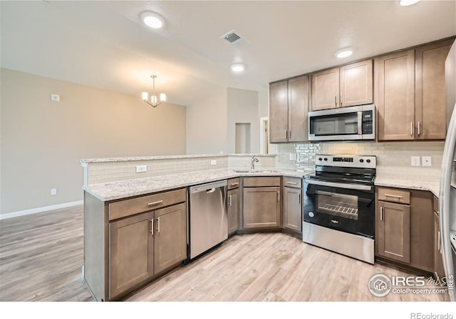 kitchen with appliances with stainless steel finishes, sink, tasteful backsplash, and kitchen peninsula