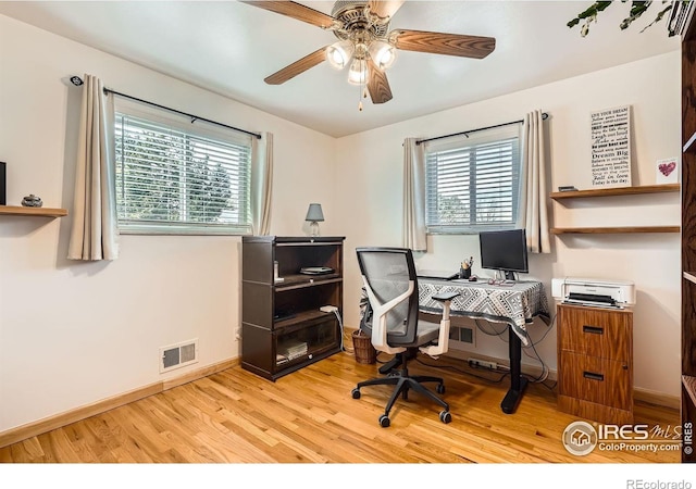 office featuring ceiling fan, plenty of natural light, and light wood-type flooring