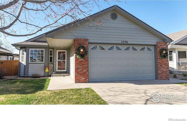 ranch-style home with driveway, a front yard, brick siding, a garage, and fence
