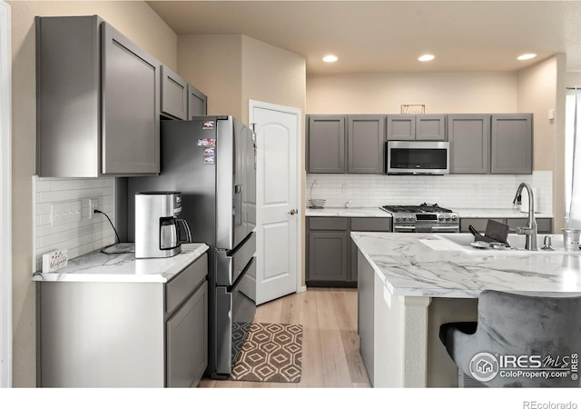 kitchen featuring gray cabinets, stainless steel appliances, light wood-style floors, backsplash, and recessed lighting