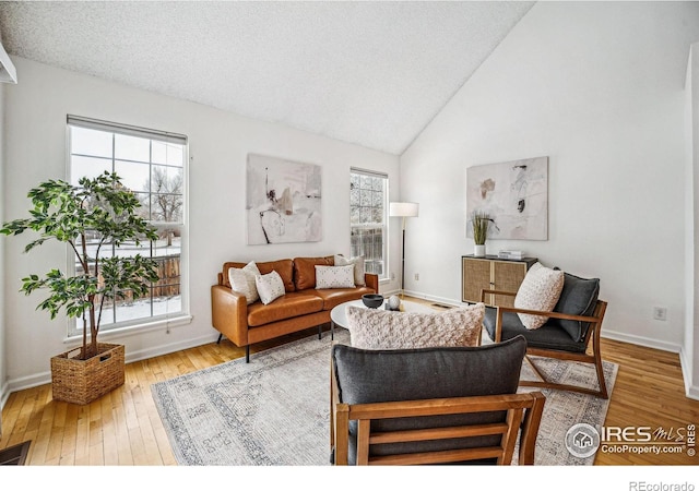 living area featuring high vaulted ceiling, a textured ceiling, baseboards, and wood finished floors