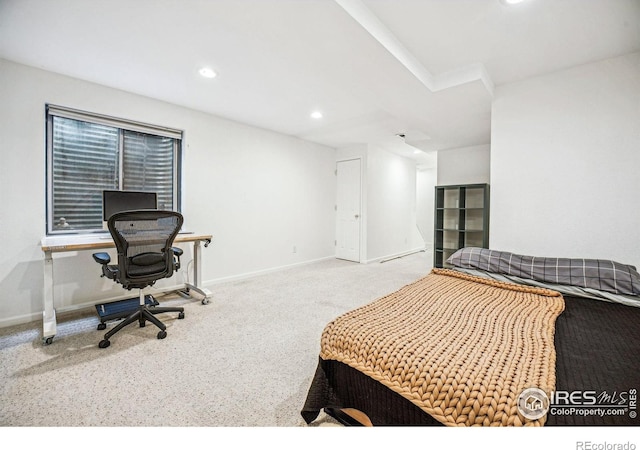 bedroom with carpet floors, recessed lighting, and baseboards