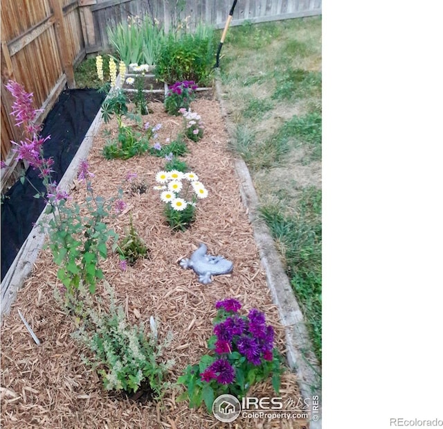 view of yard featuring fence and a garden