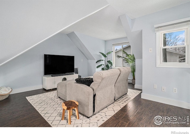 living area with baseboards, lofted ceiling, wood finished floors, and a textured ceiling