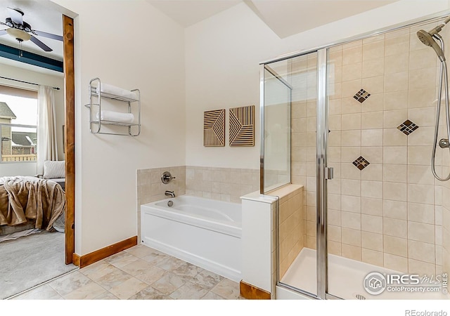 full bath featuring connected bathroom, a garden tub, and a shower stall