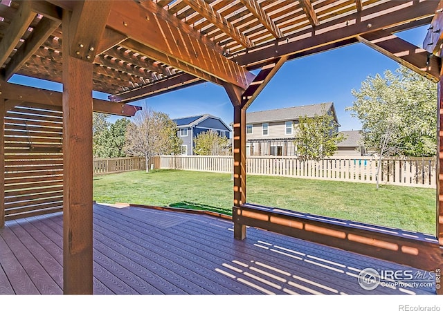 wooden deck featuring a fenced backyard, a pergola, and a yard