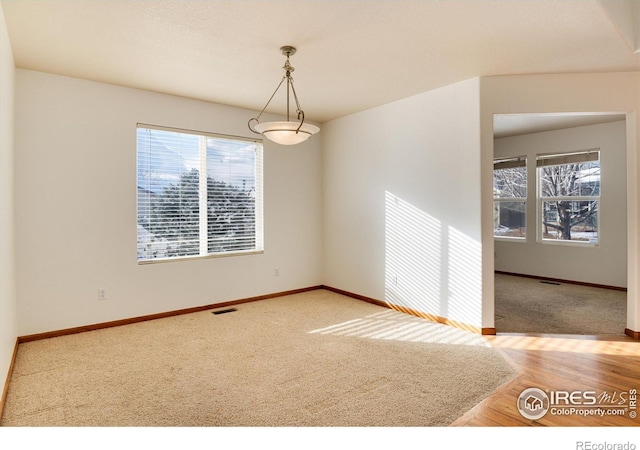 carpeted empty room featuring plenty of natural light, visible vents, and baseboards