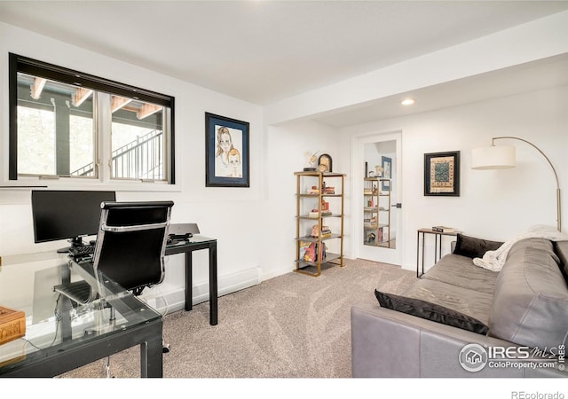 carpeted office space with baseboards and recessed lighting