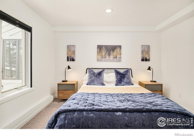 bedroom featuring recessed lighting, carpet, and baseboards