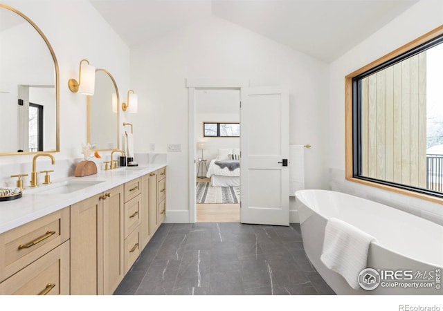 bathroom featuring lofted ceiling, double vanity, a wealth of natural light, a freestanding tub, and a sink