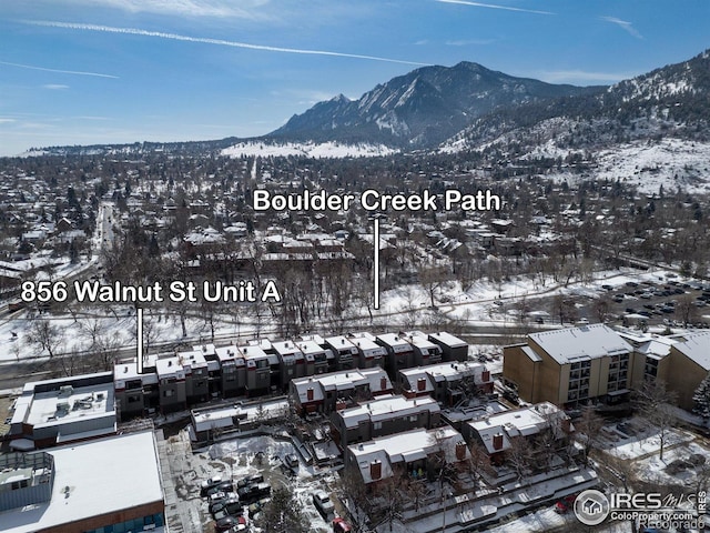 snowy aerial view featuring a mountain view