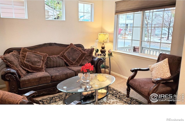 carpeted living area featuring a healthy amount of sunlight and baseboards