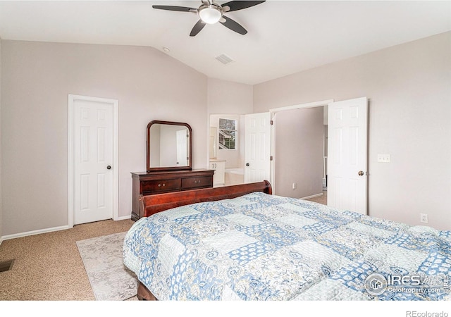 bedroom with lofted ceiling, visible vents, a ceiling fan, light carpet, and baseboards