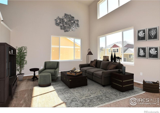 carpeted living area with baseboards and a high ceiling