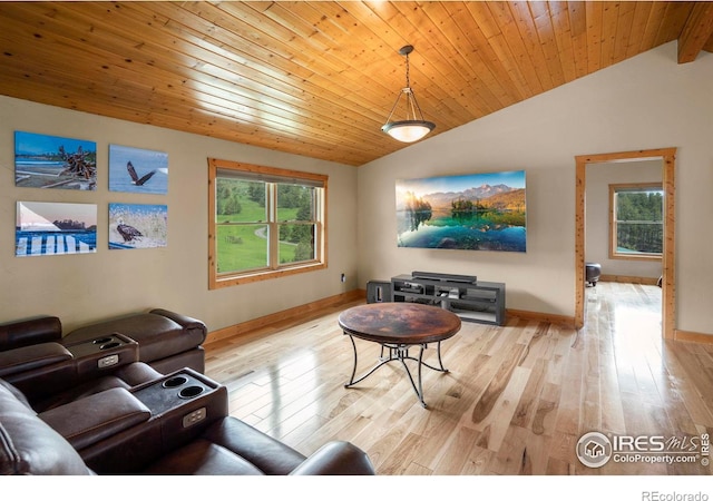 living room featuring lofted ceiling, light wood-type flooring, wooden ceiling, and baseboards