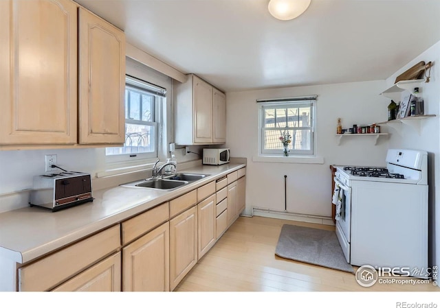 kitchen with white appliances, light countertops, light wood-type flooring, open shelves, and a sink