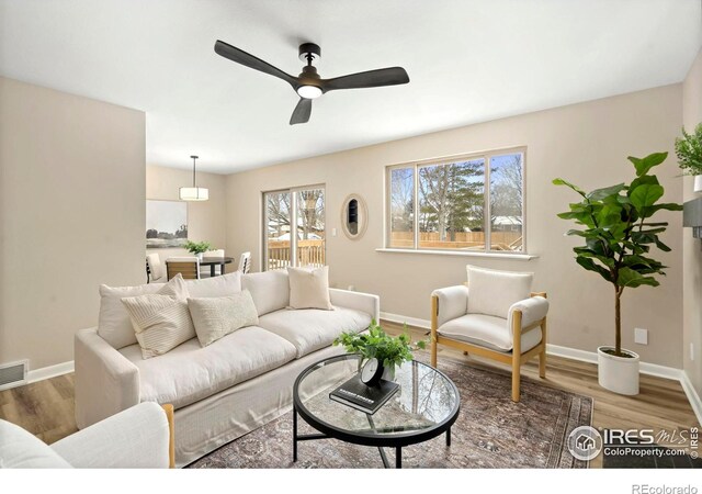 living room featuring visible vents, baseboards, and wood finished floors