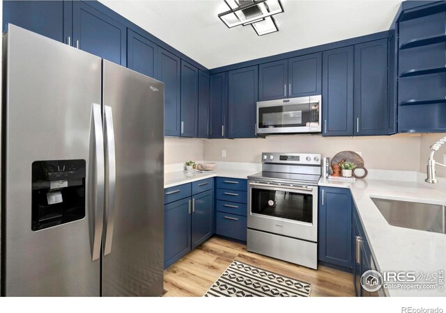 kitchen featuring light wood finished floors, blue cabinetry, open shelves, appliances with stainless steel finishes, and a sink