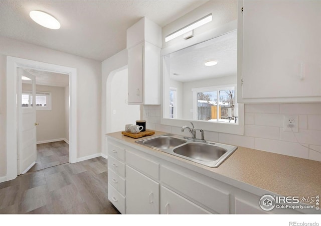 kitchen featuring light countertops, backsplash, a sink, and white cabinets