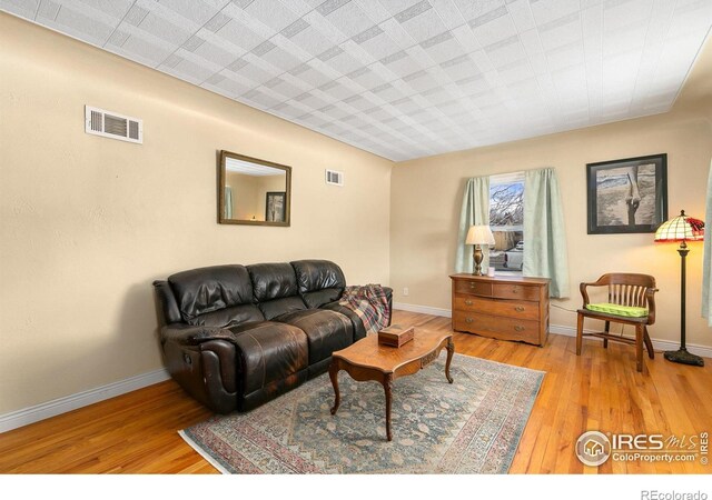 living room featuring light wood-style floors, baseboards, and visible vents