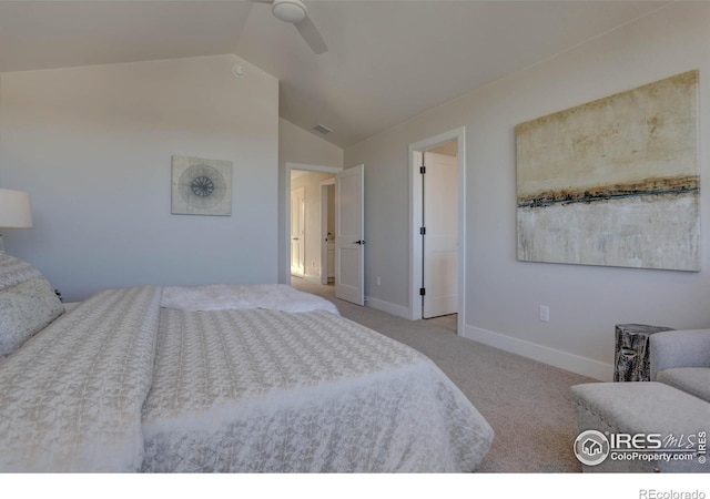bedroom featuring visible vents, light carpet, vaulted ceiling, ceiling fan, and baseboards