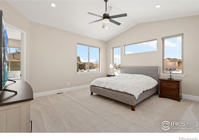 bedroom featuring recessed lighting, light colored carpet, vaulted ceiling, ceiling fan, and baseboards