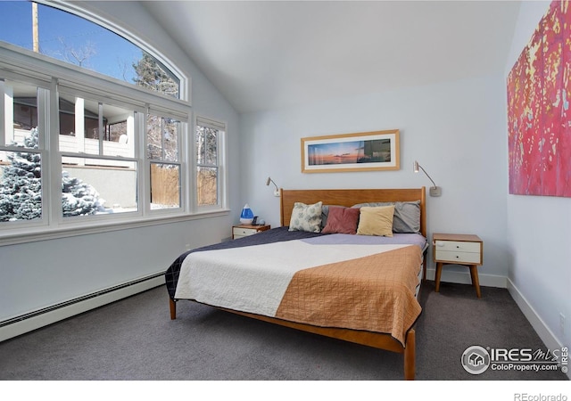 carpeted bedroom with a baseboard radiator, multiple windows, vaulted ceiling, and baseboards