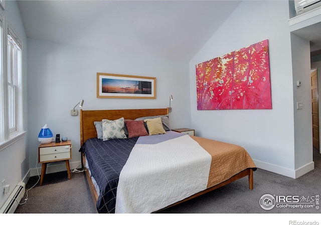 bedroom with a baseboard heating unit, carpet floors, baseboards, vaulted ceiling, and an AC wall unit