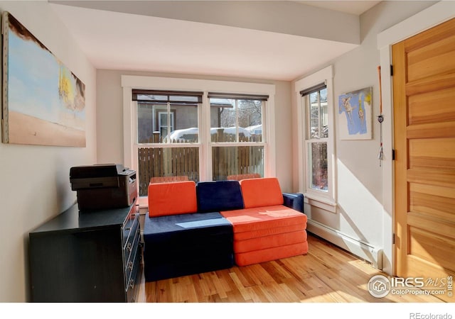 interior space with light wood-style floors and baseboard heating