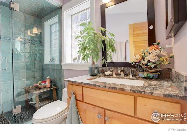 full bathroom featuring toilet, a stall shower, and plenty of natural light