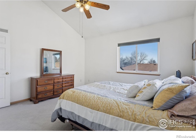 2143 Meadow Ct, Longmont, CO 80501 - carpeted bedroom featuring high vaulted ceiling, baseboards, and a ceiling fan