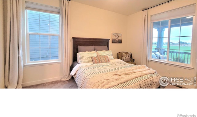 carpeted bedroom featuring a water view and baseboards