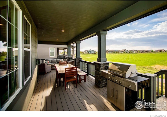 7086 Thunderview Dr, Timnath, CO 80547 - deck featuring a yard, outdoor lounge area, a residential view, and a grill