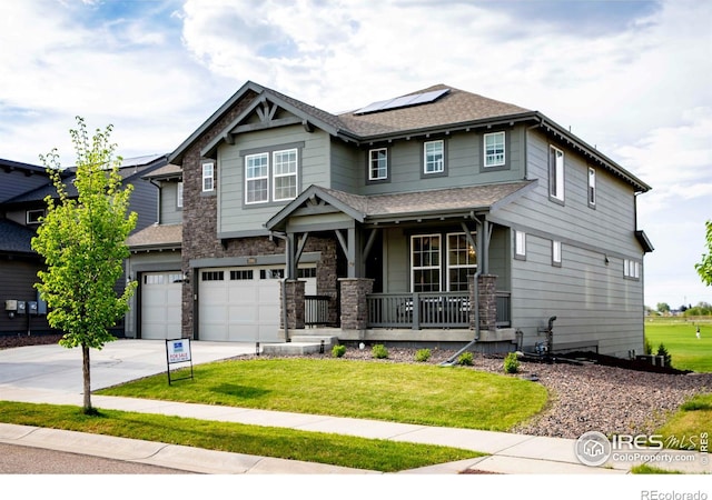 7086 Thunderview Dr, Timnath, CO 80547 - craftsman-style house with a porch, a garage, a front yard, driveway, and solar panels