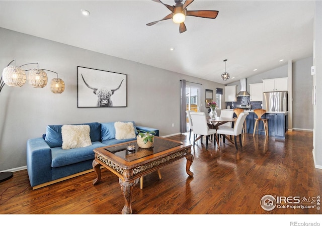 living room featuring baseboards, lofted ceiling, ceiling fan, dark wood-style flooring, and recessed lighting