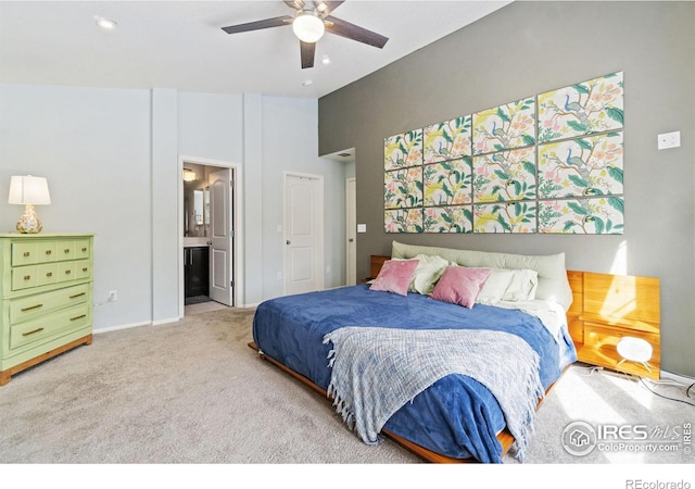 bedroom with baseboards, a ceiling fan, connected bathroom, carpet, and recessed lighting