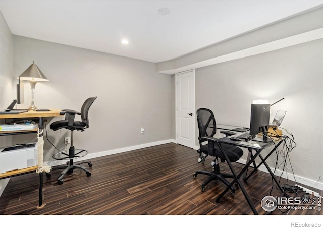 office space featuring dark wood-style floors, baseboards, and recessed lighting