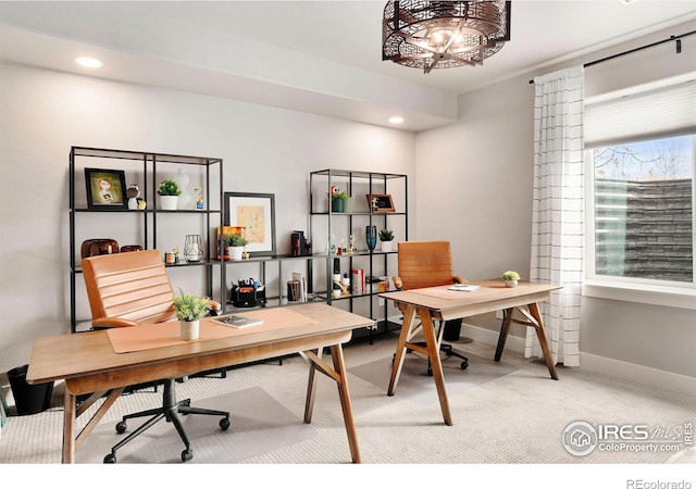 office area featuring baseboards, recessed lighting, and carpet flooring