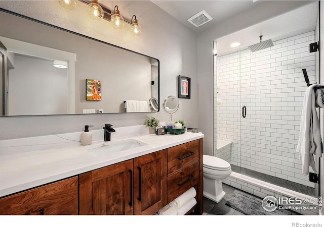 full bathroom featuring tile patterned flooring, vanity, toilet, visible vents, and a stall shower