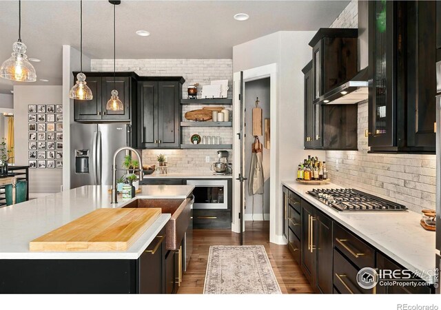 2025 Orchard Bloom Dr, Windsor, CO 80550 - kitchen featuring appliances with stainless steel finishes, an island with sink, decorative backsplash, dark wood finished floors, and pendant lighting