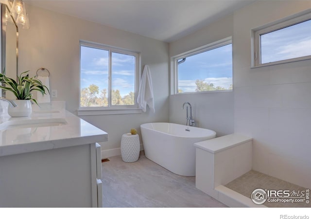 bathroom featuring double vanity, a soaking tub, a sink, and baseboards